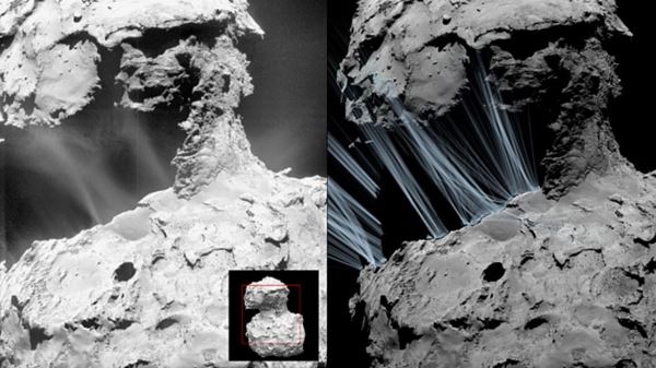 Струи материала, увиденные Розеттой, обусловлены необычной формой кометы 67P